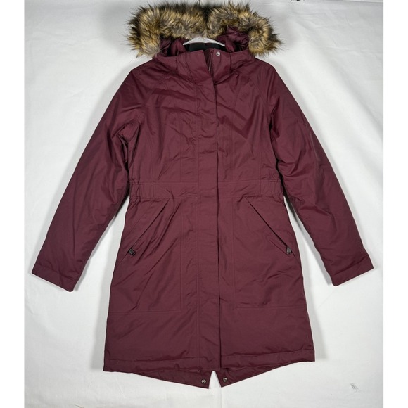 The North Face Women Small Arctic Parka Down Jacket Faux Fur Trim Hood Burgundy - Picture 1 of 10